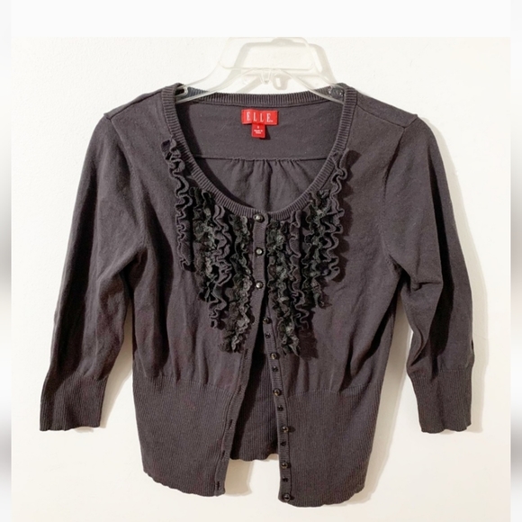 Elle Button Front Long Sleeve Cardigan Sweater with Ruffle and Lace Detailing - Picture 4 of 4